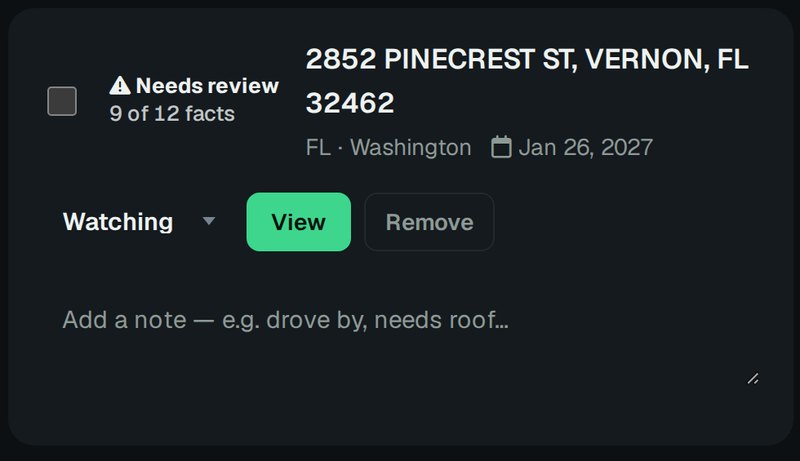 DeedFlex Pro watchlist with the same parcel saved, showing 'Needs review, 9 of 12 facts' and its sale date.