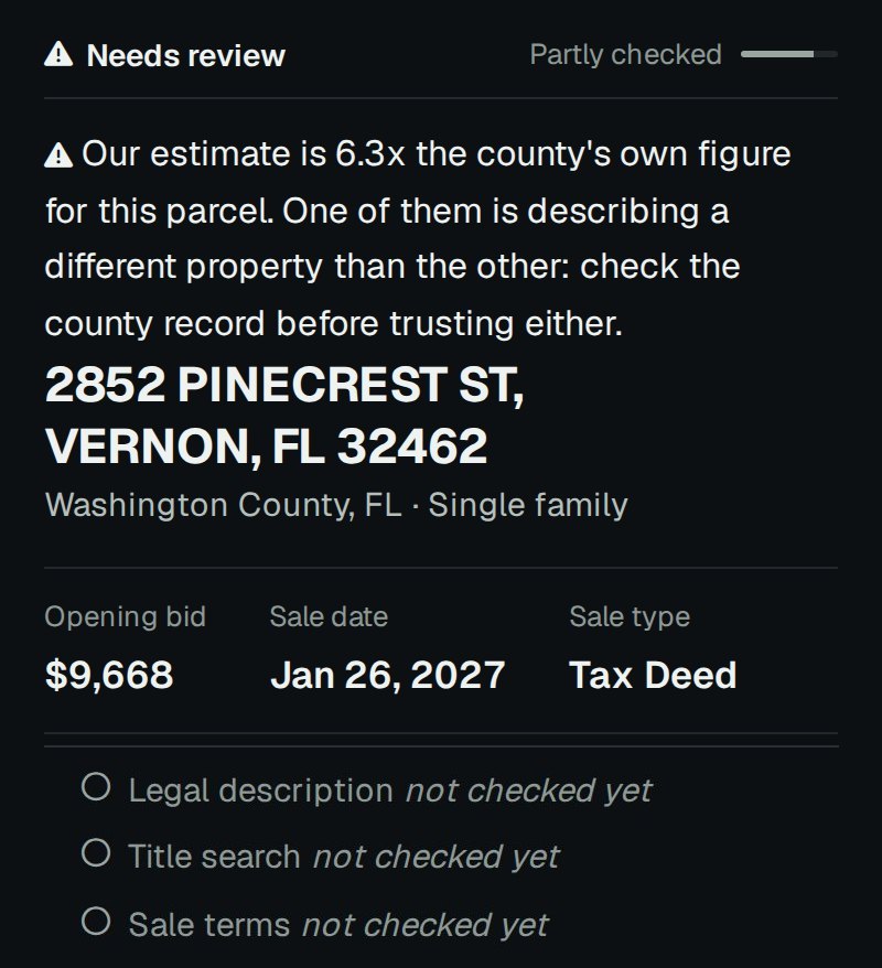 Free DeedFlex parcel preview for 2852 Pinecrest St, Vernon FL: 'Needs review' because two value figures disagree, opening bid $9,668, sale Jan 26 2027, and the three facts not checked yet: legal description, title search, sale terms.